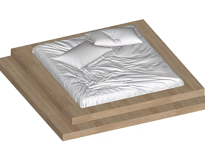 Double Bed With Wooden Frame White Mattress Two Pillows And Minimalist Design 3d model