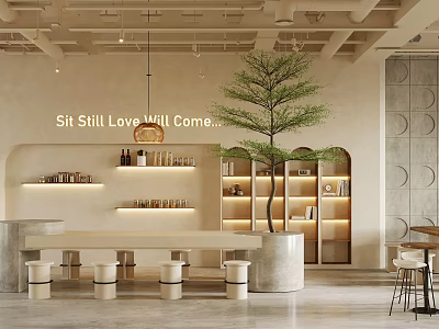 Cozy Minimalist Café Interior With Tree Bottle Shelves Bookshelves Long Table And Love Vibe 3d model