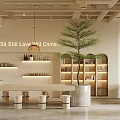 Cozy Minimalist Café Interior With Tree Bottle Shelves Bookshelves Long Table And Love Vibe