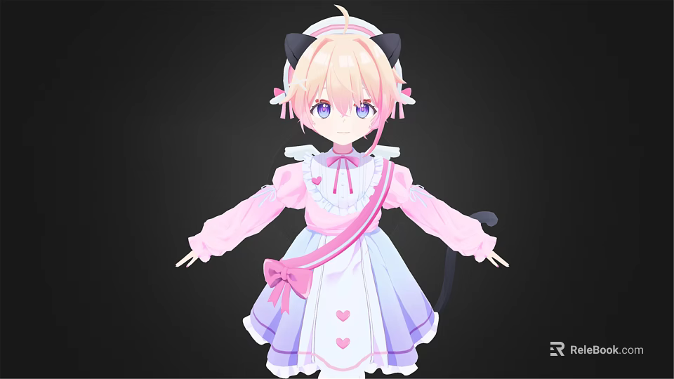 Adorable Blonde Anime Maid With Black Cat Ears Tail Pink White Outfit And Heart Patterns 3d model 