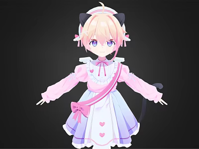 Adorable Blonde Anime Maid With Black Cat Ears Tail Pink White Outfit And Heart Patterns 3d model
