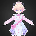 Adorable Blonde Anime Maid With Black Cat Ears Tail Pink White Outfit And Heart Patterns