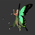 Green butterflies with large vibrant wings and small butterflies flying around shiny surface