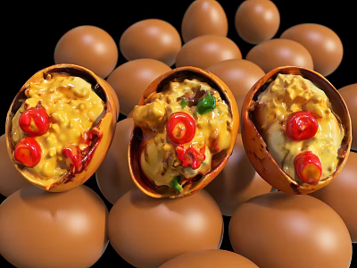 Spicy Stuffed Eggs With Yellow Sauce Red Chili Peppers Green Garnish And Whole Brown Eggs 3d model
