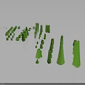 Green Plant Models With Various Shapes On Gray Background And Reflection Effect