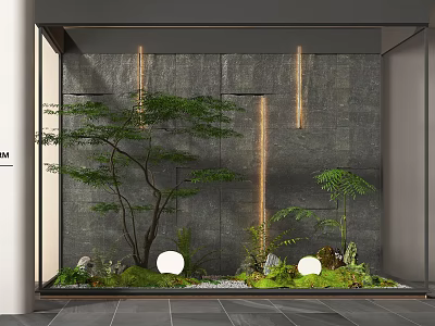 Indoor Landscape With Gray Stone Wall Green Plants Warm Yellow Lights And Round Floor Lamps 3d model