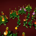 Cartoon Scene Of Colorful Flowers With Red Yellow Petals And Green Leaves On Red Background