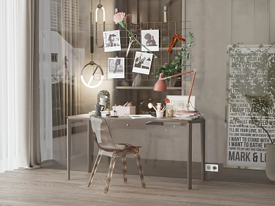 Modern Desk Interior With Acrylic Chair Desk Lamp Framed Photos And Plant 3d model