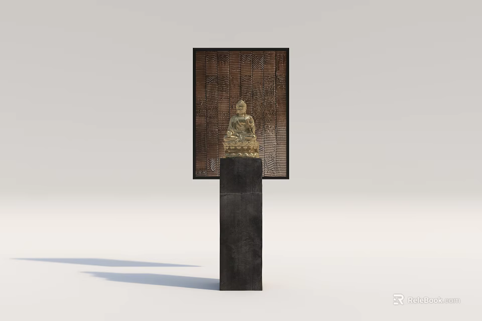Golden Buddha Sculpture Displayed On Black Pedestal With Textured Background Panel 3d model 