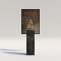 Golden Buddha Sculpture Displayed On Black Pedestal With Textured Background Panel