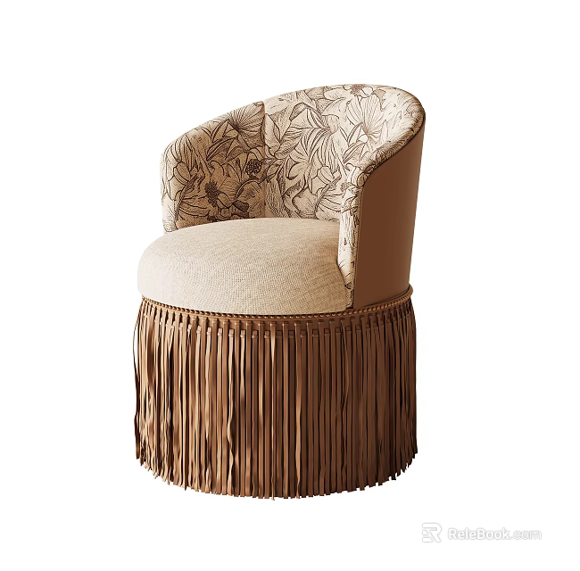 Elegant Leisure Chair With Floral Pattern Backrest Beige Seat And Brown Fringe 3d model 