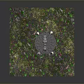 Stone Circular Platform With Spire Towers And Small Stones In Colorful Textured Vegetation Scene