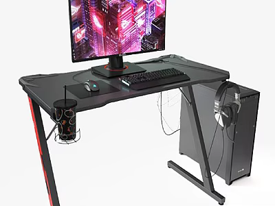 Gaming Computer Setup With Monitor Keyboard Mouse On Ergonomic Desk And PC Case Headphones 3d model