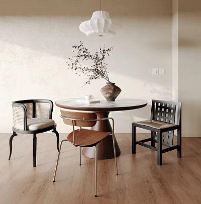 Dining Table Set With Round Top Woven Chairs And Vase Branches On Light Wooden Floor 3d model