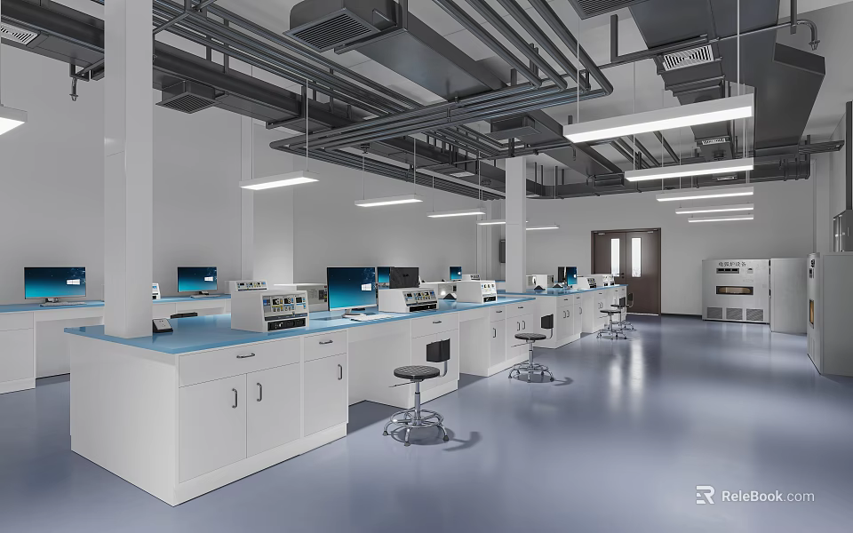 Modern Laboratory Interior With White Cabinets Blue Countertops And Computers 3d model 