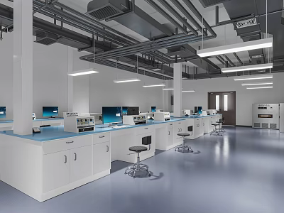 Modern Laboratory Interior With White Cabinets Blue Countertops And Computers 3d model
