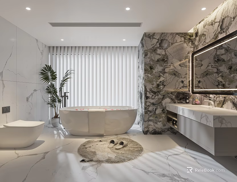 Modern Bathroom Interior With Marble Walls Freestanding Bathtub Vanity And Green Plant 3d model 
