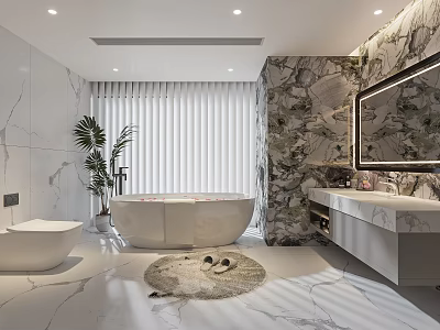 Modern Bathroom Interior With Marble Walls Freestanding Bathtub Vanity And Green Plant 3d model
