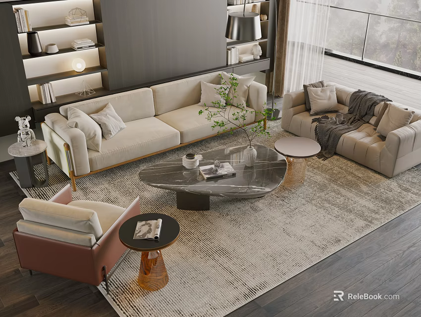 Modern Living Room Sofa Coffee Table Combination With Beige Fabric Sofa Marble Table And Armchair 3d model 
