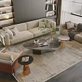 Modern Living Room Sofa Coffee Table Combination With Beige Fabric Sofa Marble Table And Armchair