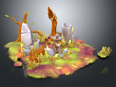 Cartoon Fantasy Scene With Enchanting Tree Trunks Mossy Stones And Luminous Lantern On Vibrant Grass 3d model
