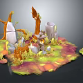 Cartoon Fantasy Scene With Enchanting Tree Trunks Mossy Stones And Luminous Lantern On Vibrant Grass