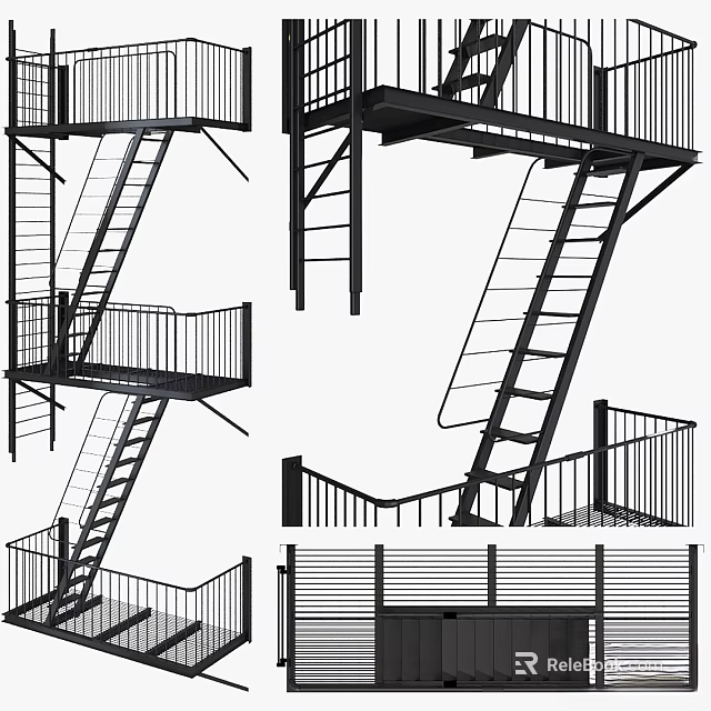 Black Metal Staircase With Modern Railings And Various Design Styles 3d model 