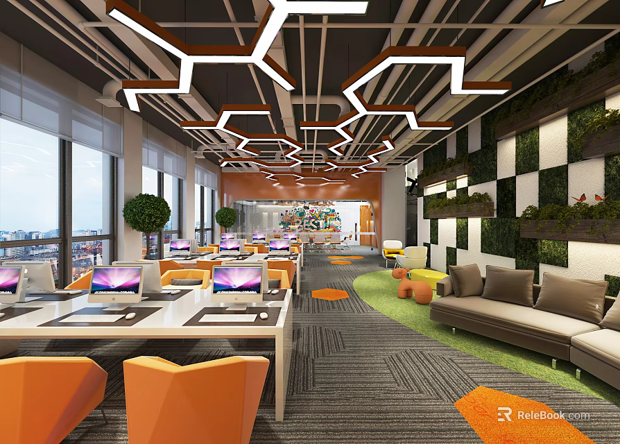 Modern Public Office Area With Geometric Ceiling Lighting Orange Chairs Work Desks And Plant Wall 3d model 