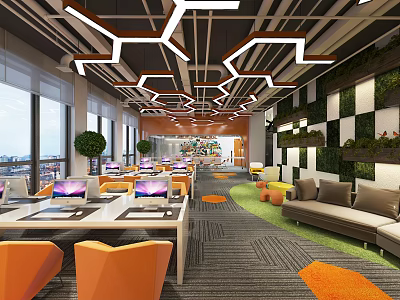 Modern Public Office Area With Geometric Ceiling Lighting Orange Chairs Work Desks And Plant Wall 3d model