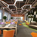 Modern Public Office Area With Geometric Ceiling Lighting Orange Chairs Work Desks And Plant Wall