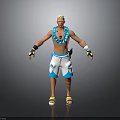 Shirtless 3D Character Model With Blonde Hair Blue Flower Lei Black Gloves And Yellow Sandals