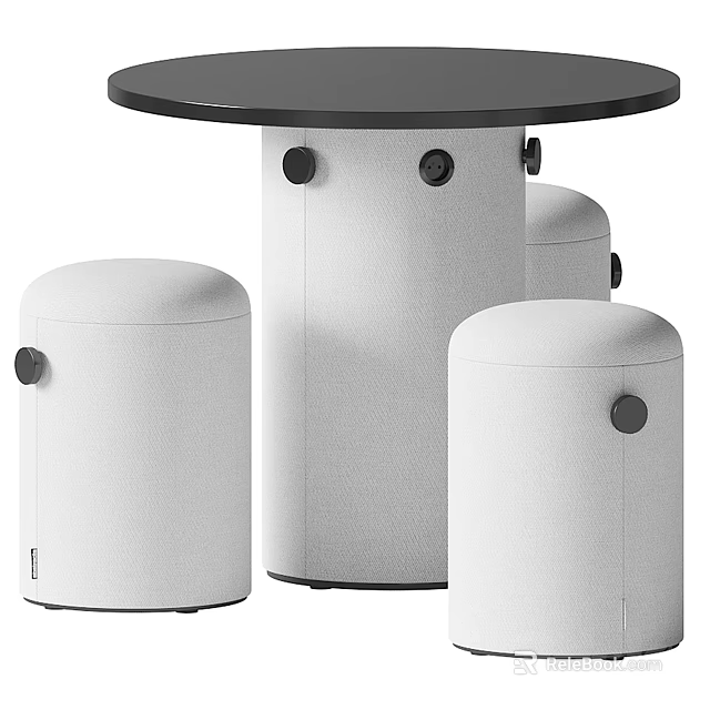 Modern Round Table with White Cylindrical Stools and Black Knob Accents Set 3d model 