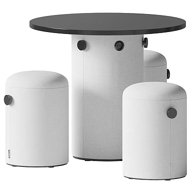 Modern Round Table with White Cylindrical Stools and Black Knob Accents Set 3d model