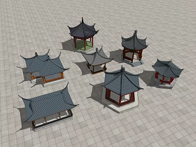 Traditional Chinese Pavilions Architectural Models With Classic Roof Design Arranged On Square Tiles 3d model