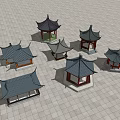 Traditional Chinese Pavilions Architectural Models With Classic Roof Design Arranged On Square Tiles