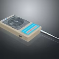 Portable Beige Radio Device With Speaker Grill Blue Label And Antenna