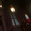 Cozy Kids Room Interior With Brown Curtains Lattice Window Lantern Lights Candle And Potted Plant