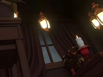 Cozy Kids Room Interior With Brown Curtains Lattice Window Lantern Lights Candle And Potted Plant 3d model