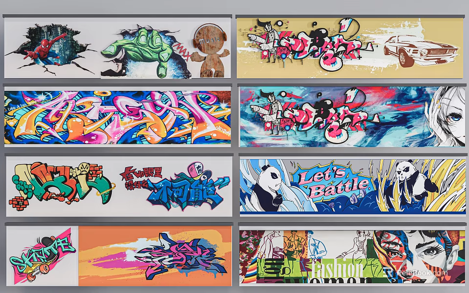 Colorful Graffiti Style Bedroom Background Wall With Artistic Murals And Vibrant Patterns 3d model 