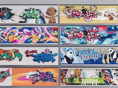 Colorful Graffiti Style Bedroom Background Wall With Artistic Murals And Vibrant Patterns 3d model
