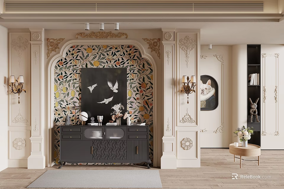 Stylish Entryway Hallway With Decorative Wall Panel Console Table Wall Sconces And Artwork 3d model