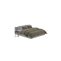 Comfortable Double Bed With Green Velvet Duvet Brown And Gray Pillows And Side Table