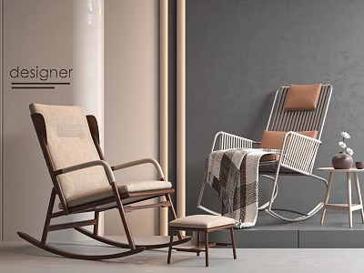 Modern Designer Rocking Chairs With Wooden Metal Frames Cushions Blanket And Ottoman 3d model