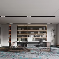 Modern Office Interior Design With Desk Computer Bookshelf Plant Carpet And Decorative Art