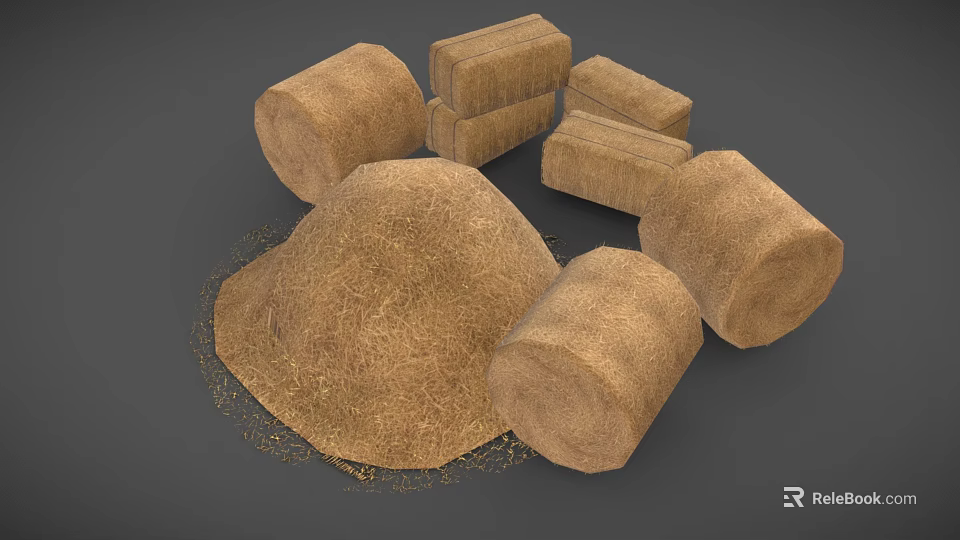 Haystack With Scattered Hay And Round Rectangular Bales On Gray Background 3d model 