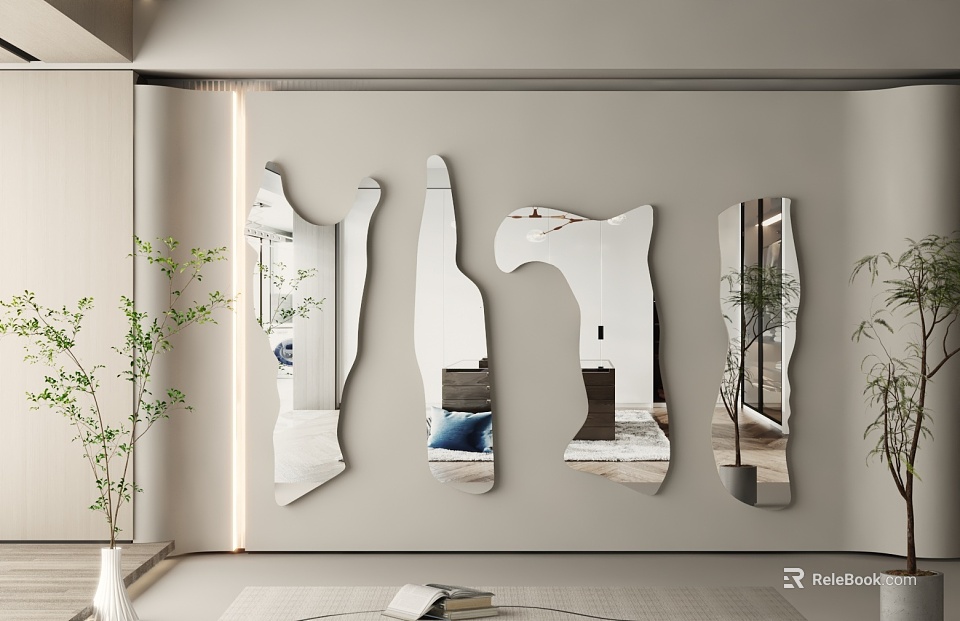 Set of Irregular Shaped Mirrors as Modern Wall Decor Reflecting Interior Room Elements 3d model 