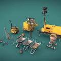Yellow Heavy Duty Construction Equipment Including Concrete Mixers Wheelbarrows And Road Lights