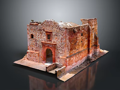 Ancient Red Stone Building Model With Arched Doorway And Historical Design 3d model