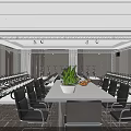 Modern Conference Room with Pendant Lights Tables Chairs Decorative Paintings and Carpet