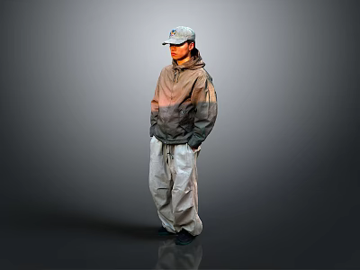 Stylish Character Wearing Hat Gradient Coat And Baggy Pants Standing On Gray Background 3d model